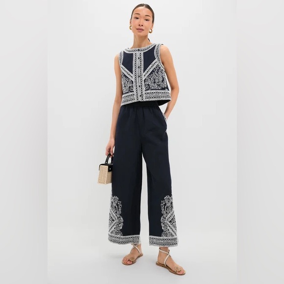Like New Tuckernuck Navy and White Embroidered Luna Top and Emme Pants Set - Picture 1 of 15